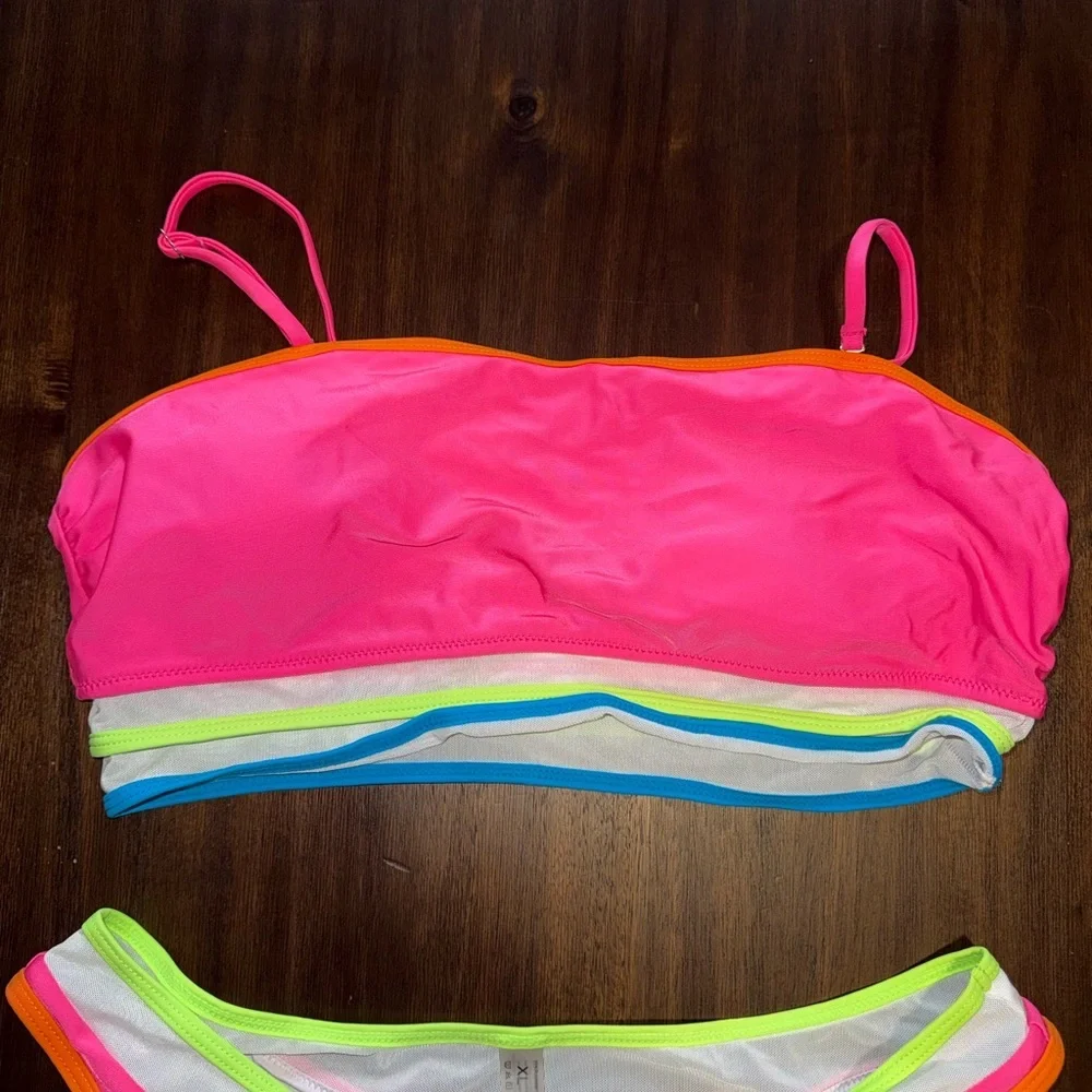Neon Pink Bikini Set with Lime & Blue Trim and Orange Accent - Size XL - Picture 4 of 4